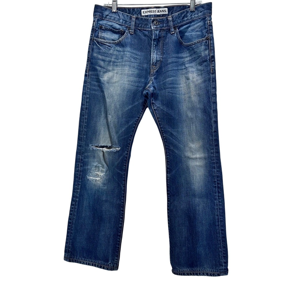 Express Jeans Mens 32x30 Rocco‎ Bootcut Distressed Medium Wash Denim